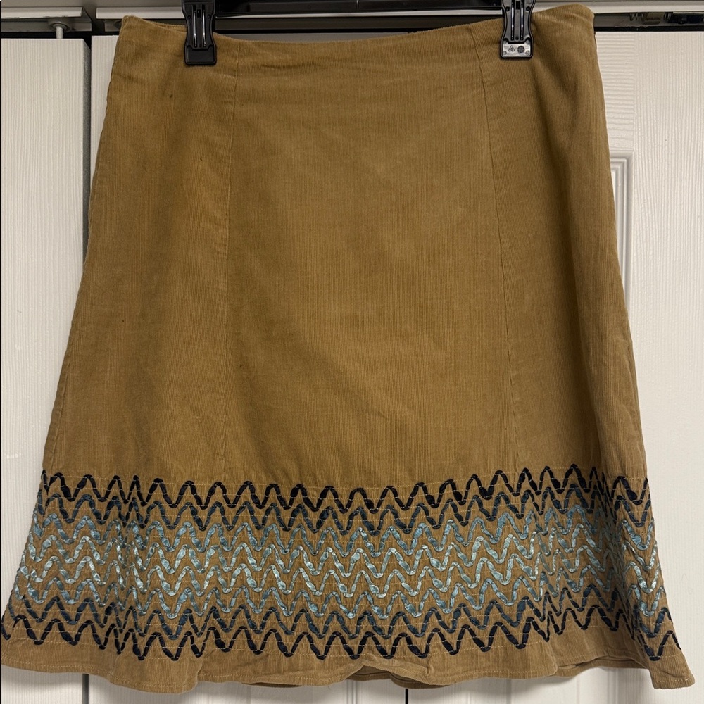 Boden Brown Corduroy A-Line Skirt with Blue Zigzag Detail Size 14